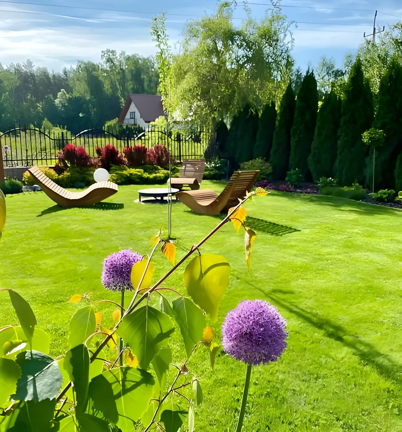 Finished landscaped yard with healthy lawn and leisure seating area.