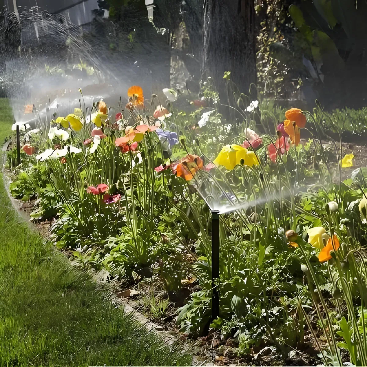 Flower bed sprinklers watering colorful garden flowers.
