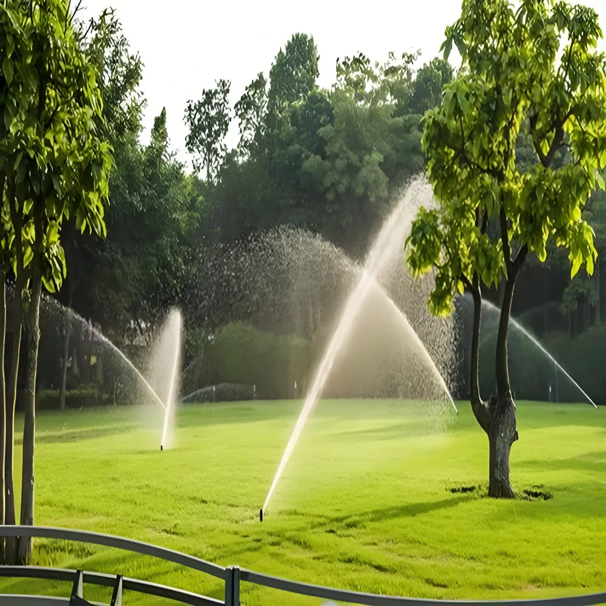 Wide lawn irrigation with multiple sprinklers covering open grass areas.