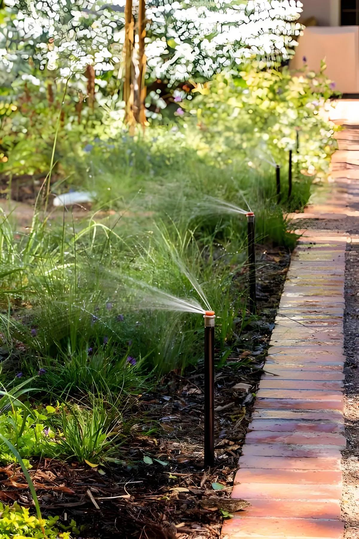 Path-side narrow planting strip irrigated by vertical garden sprinklers.