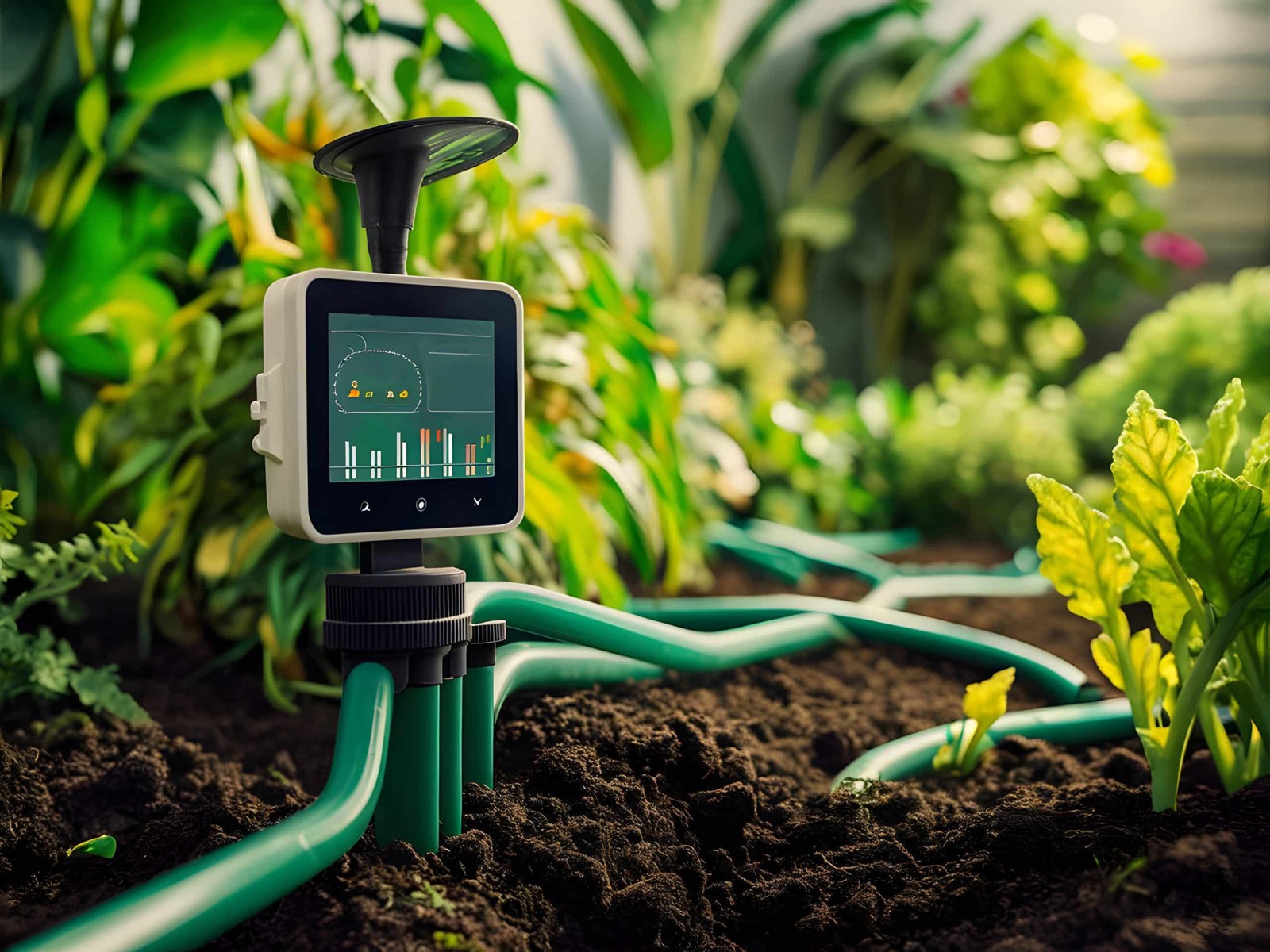 Garden bed watering controller connected among flowers and planting areas.